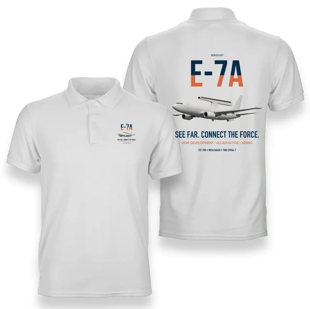 E-7A Wedgetail design on white double-side polo t-shirt, double-side print
