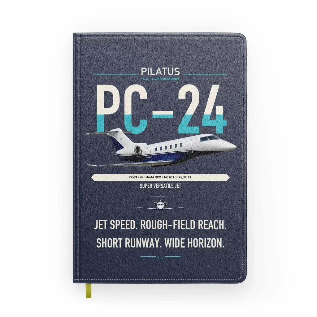 Pilatus PC-24 design on navy blue notebook