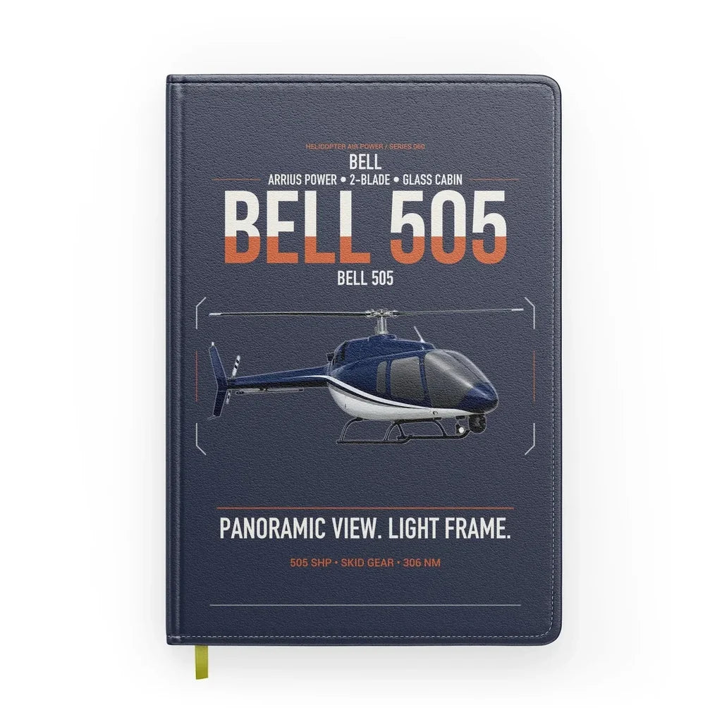 Bell 505 design on navy blue notebook