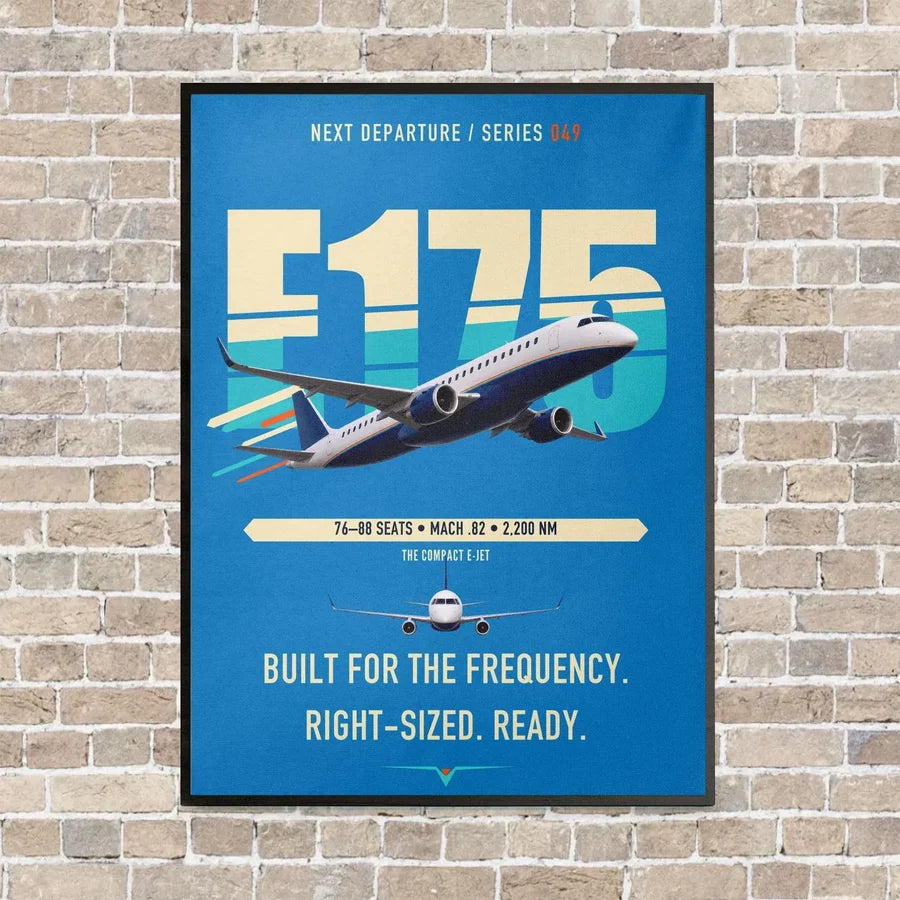 Embraer E175 vertical canvas print - framed - turquoise background