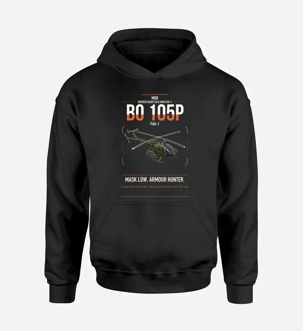 MBB BO 105P PAH-1 design on black double-side hoodie, single-side print
