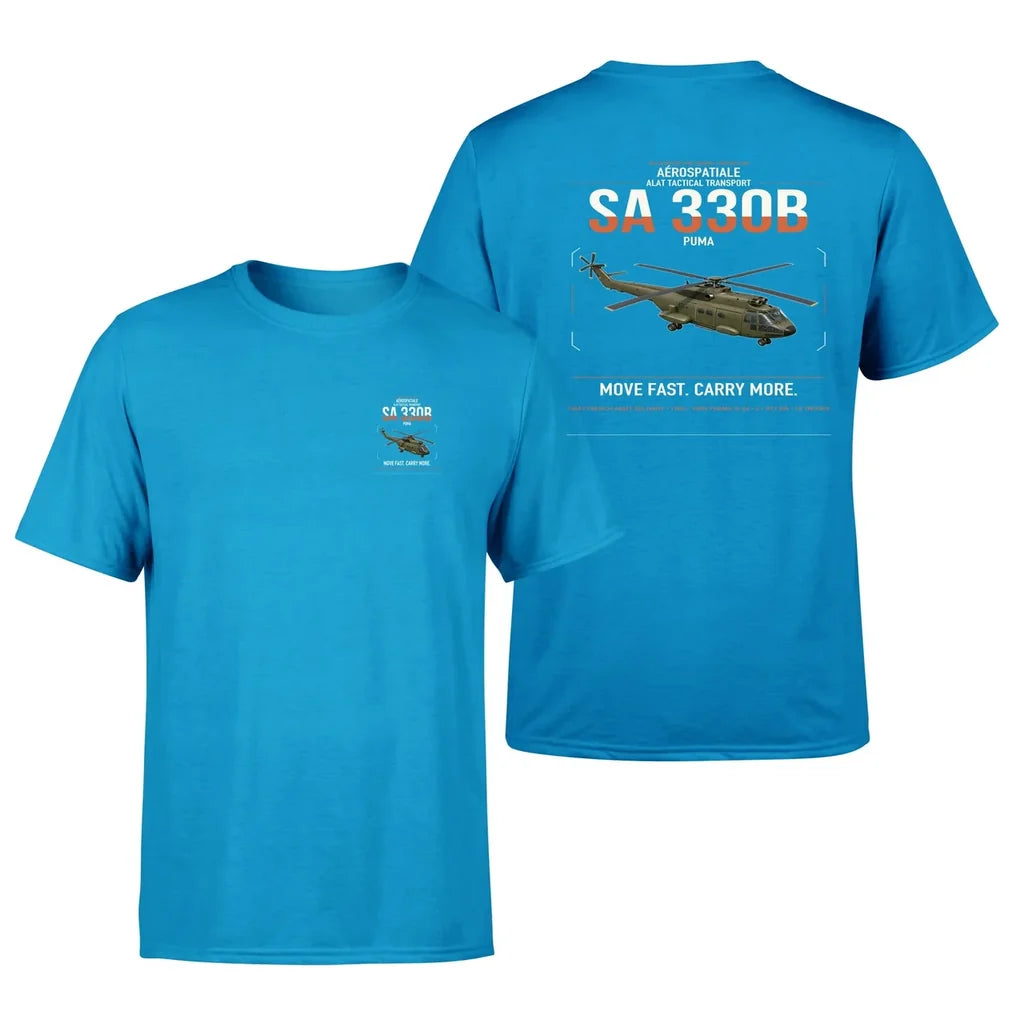 Aérospatiale SA 330B Puma design on turquoise t-shirt, double-side print