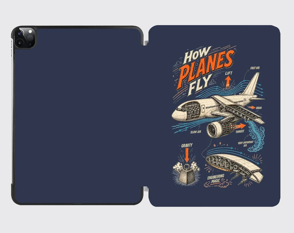 How Planes Fly V2 design on navy blue ipad tablet case