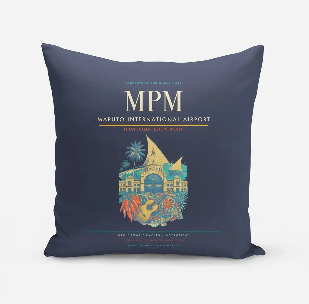 Maputo International Airport (MPM) design on navy blue pillow