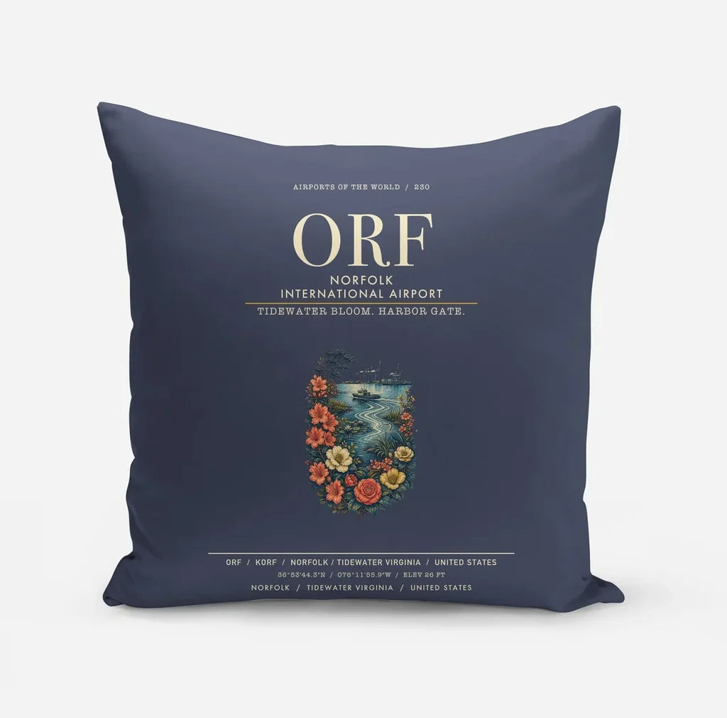 Norfolk International Airport (ORF) design on navy blue pillow
