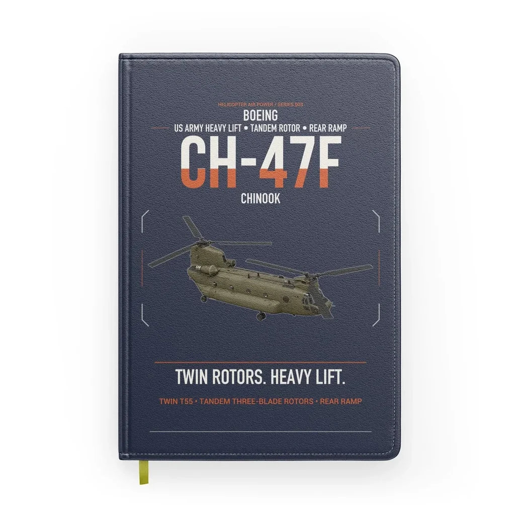 Boeing CH-47F Chinook design on navy blue notebook
