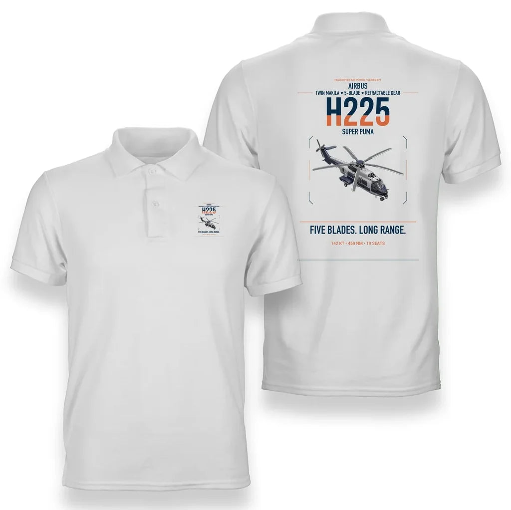 Airbus H225 design on white double-side polo t-shirt, double-side print
