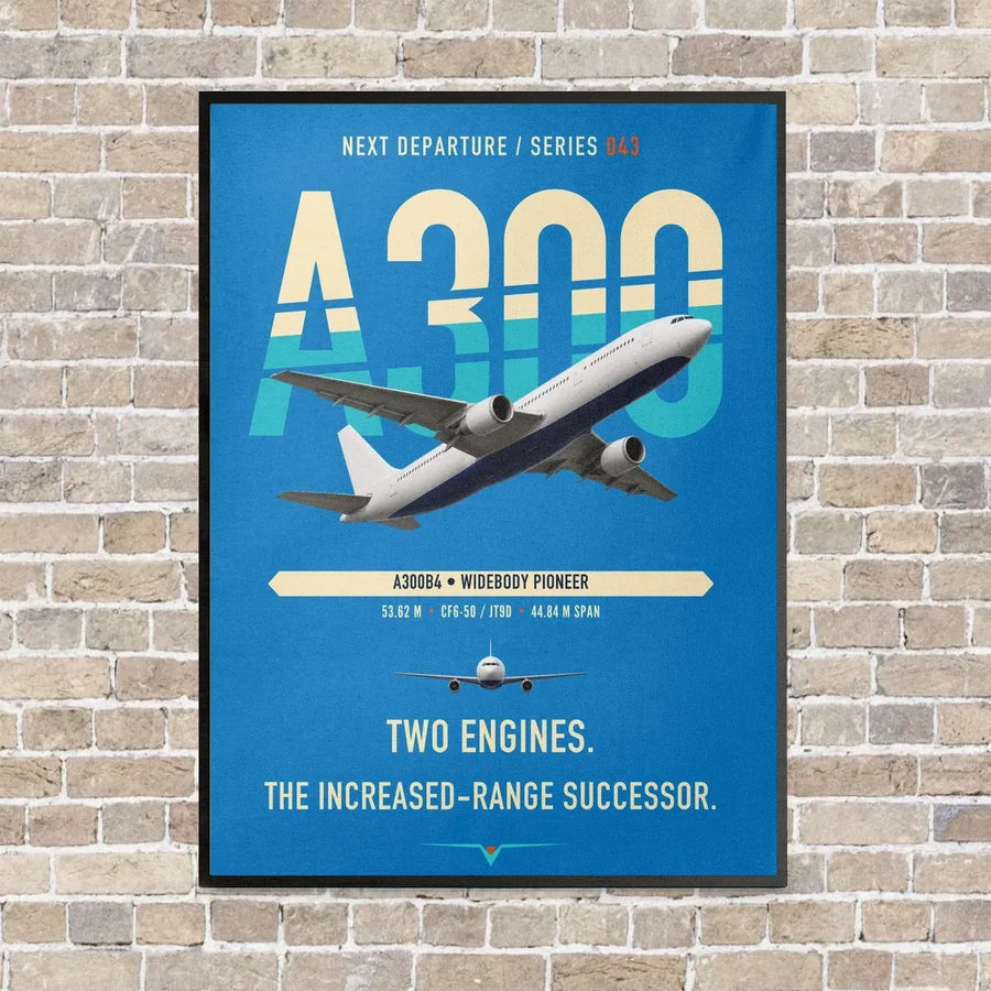 Airbus A300B4 vertical canvas print - framed - turquoise background