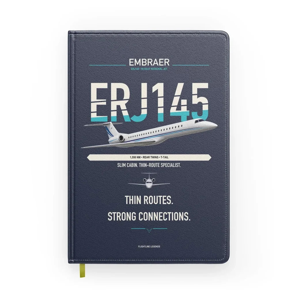 Embraer ERJ145 design on navy blue notebook