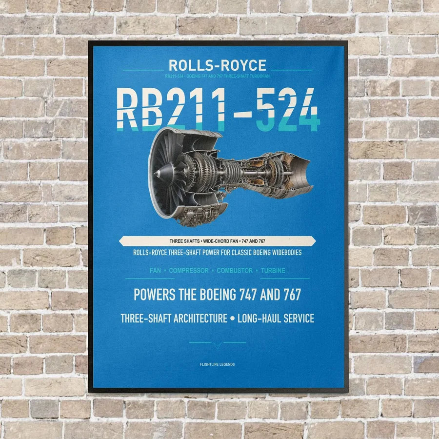 RB211-524 vertical canvas print - framed - turquoise background