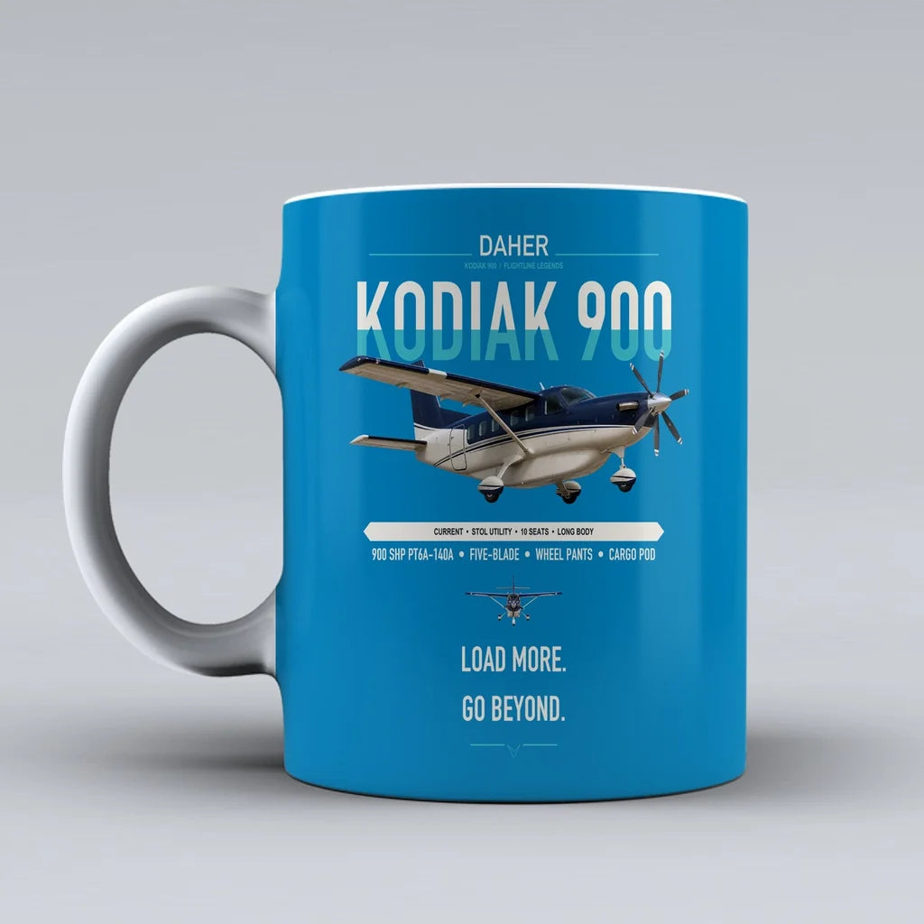 Daher Kodiak 900 design on turquoise ceramic mug, double-side print