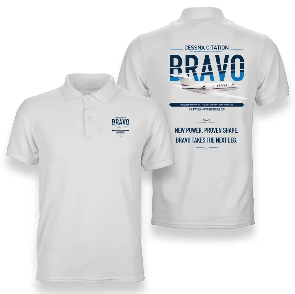 Cessna Citation Bravo design on white double-side polo t-shirt, double-side print
