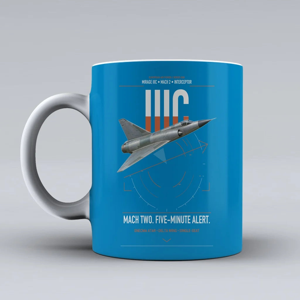 Dassault Mirage IIIC design on turquoise ceramic mug, double-side print