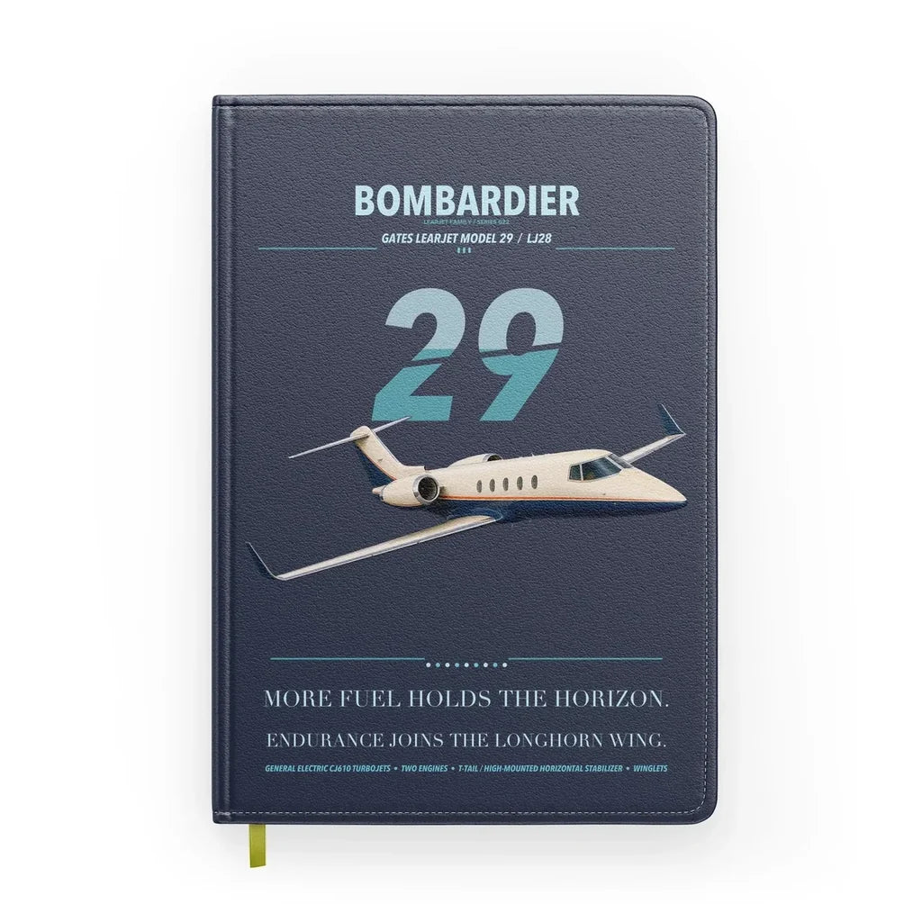 Bombardier Learjet 29 design on navy blue notebook