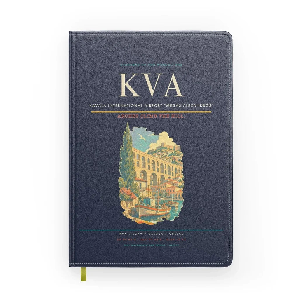 Kavala International Airport Megas Alexandros (KVA) design on navy blue notebook
