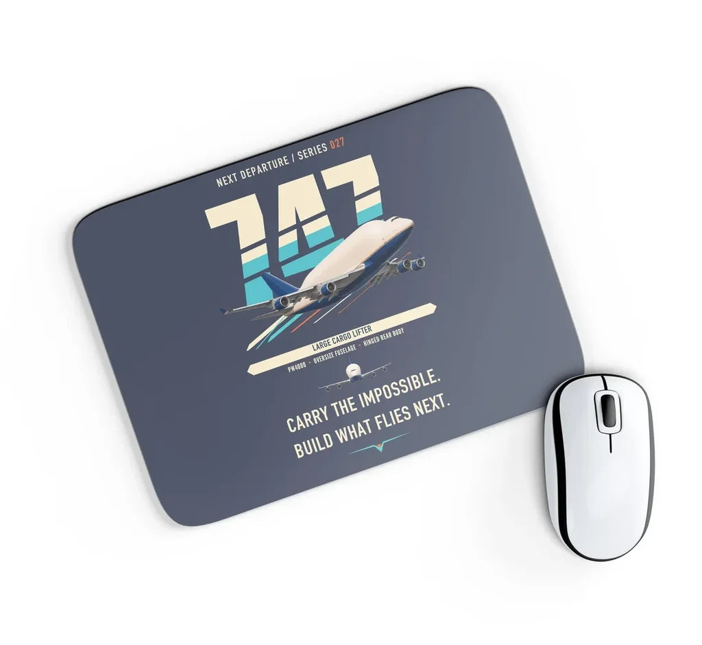 Boeing 747-400 Dreamlifter design on navy blue rectangle mouse pad
