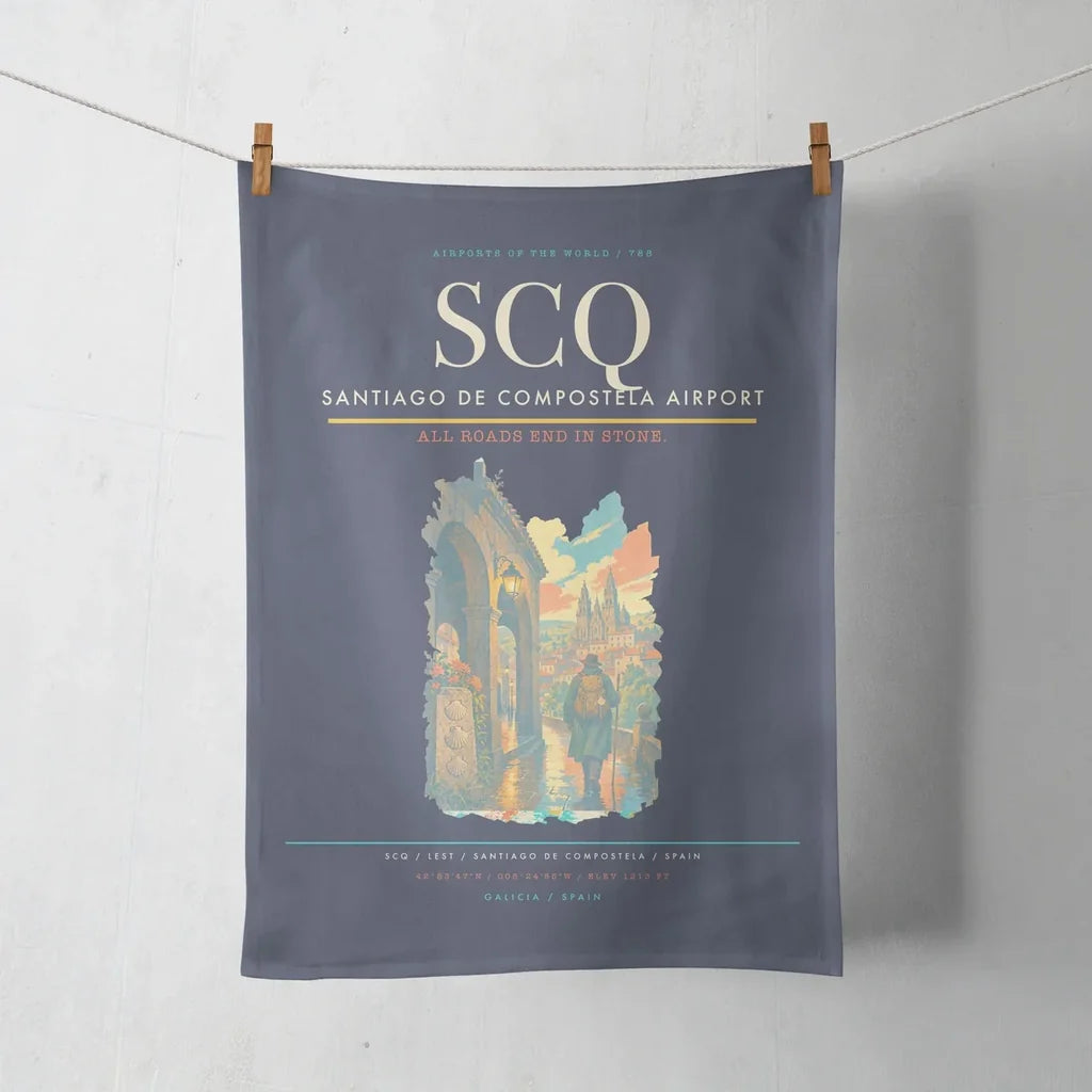 Santiago de Compostela Airport (SCQ) design on navy blue towel