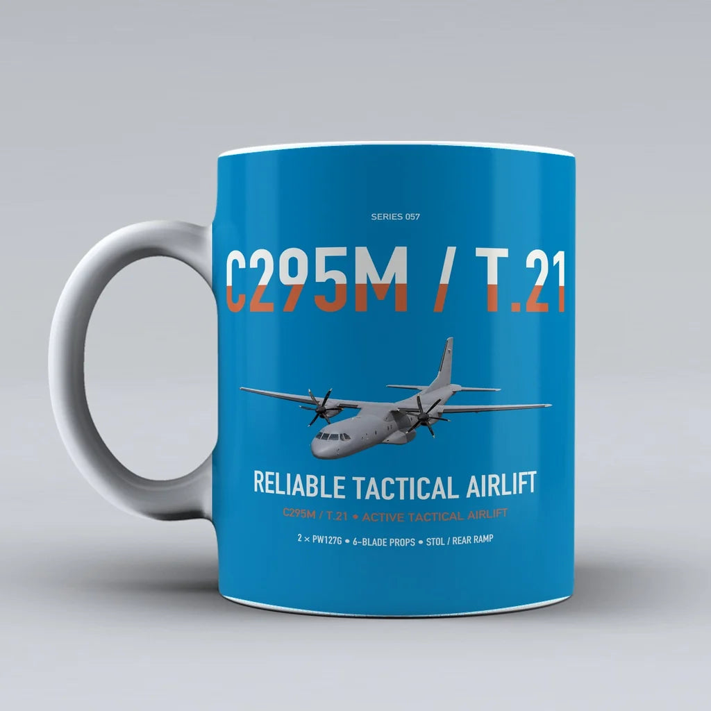 Airbus C295M T.21 design on turquoise ceramic mug, double-side print