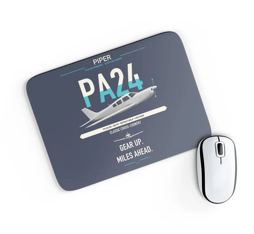 Piper PA-24-250 Comanche 250 design on navy blue rectangle mouse pad