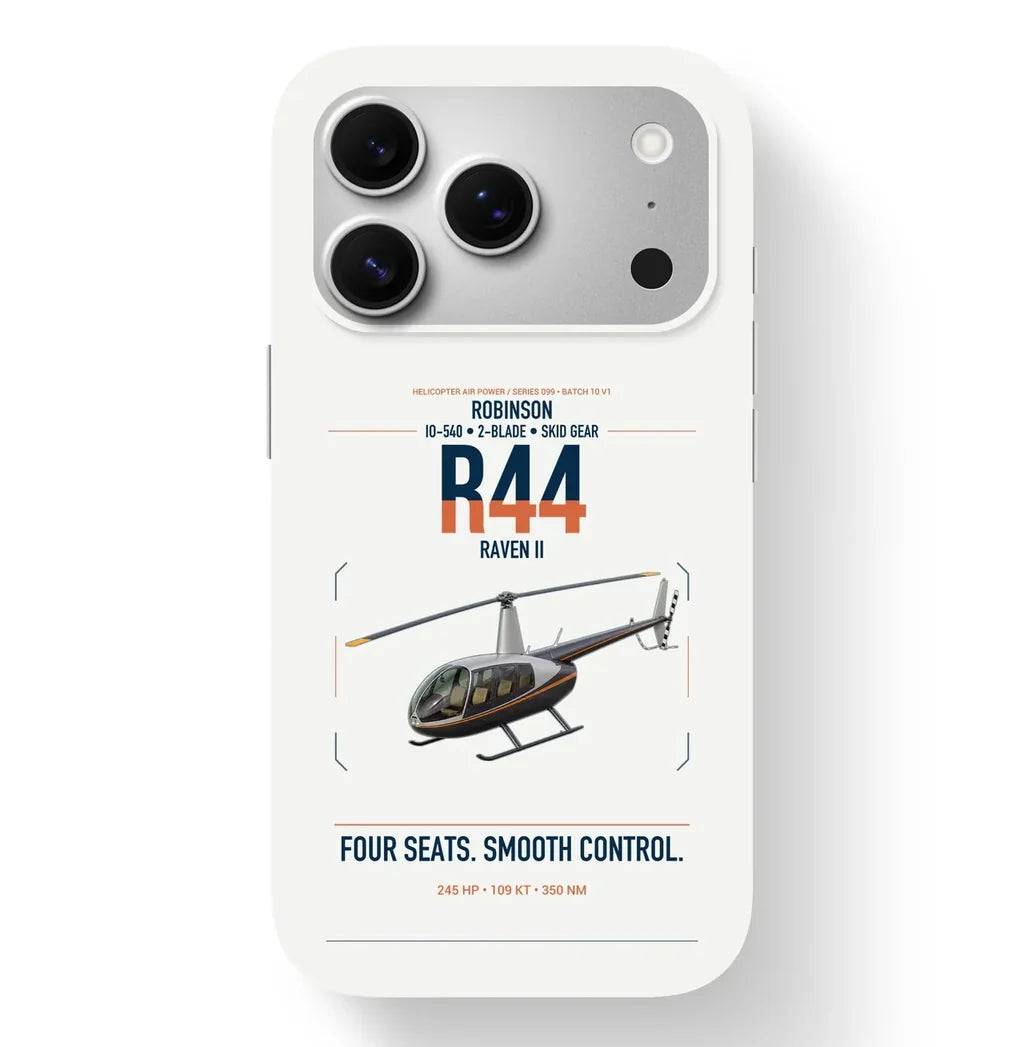 Robinson R44 Raven II design on white magsafe iphone case, for iPhone 17 Pro