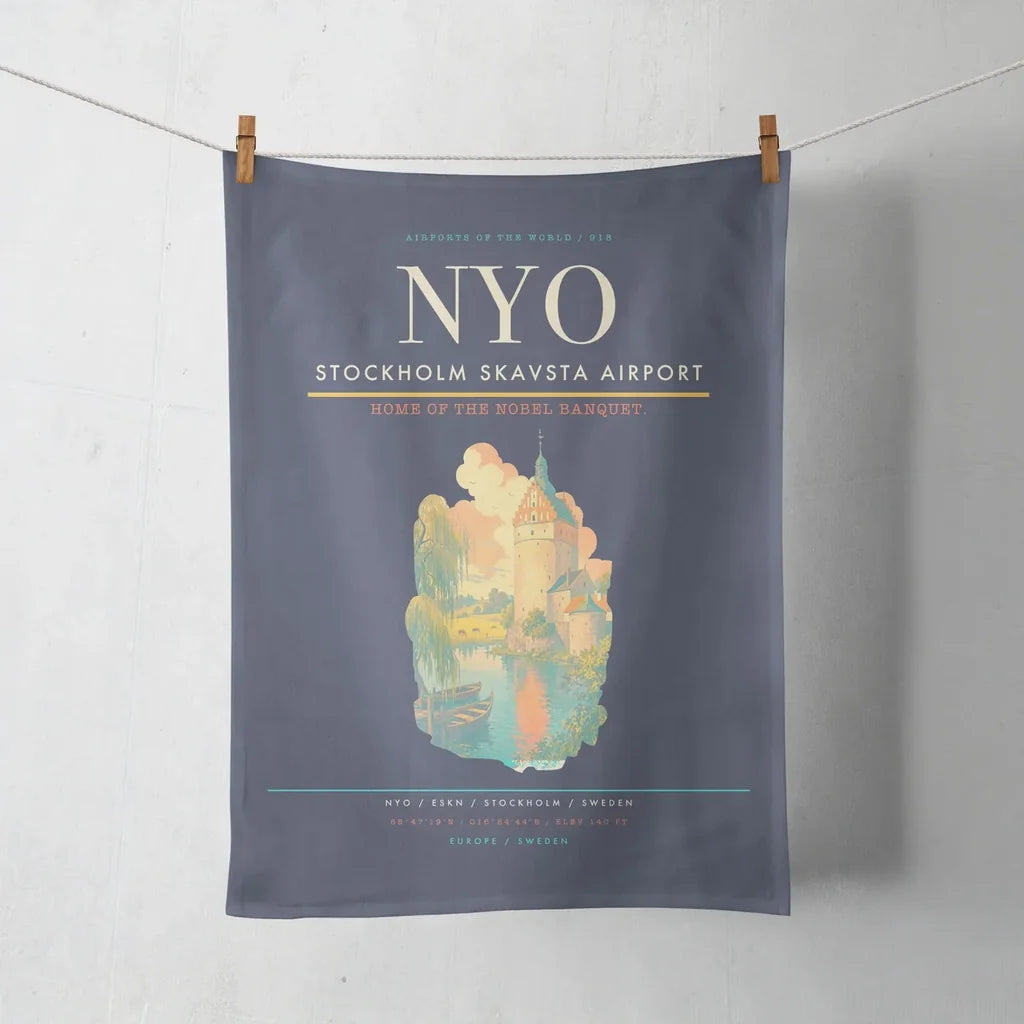 Stockholm Skavsta Airport (NYO) design on navy blue towel