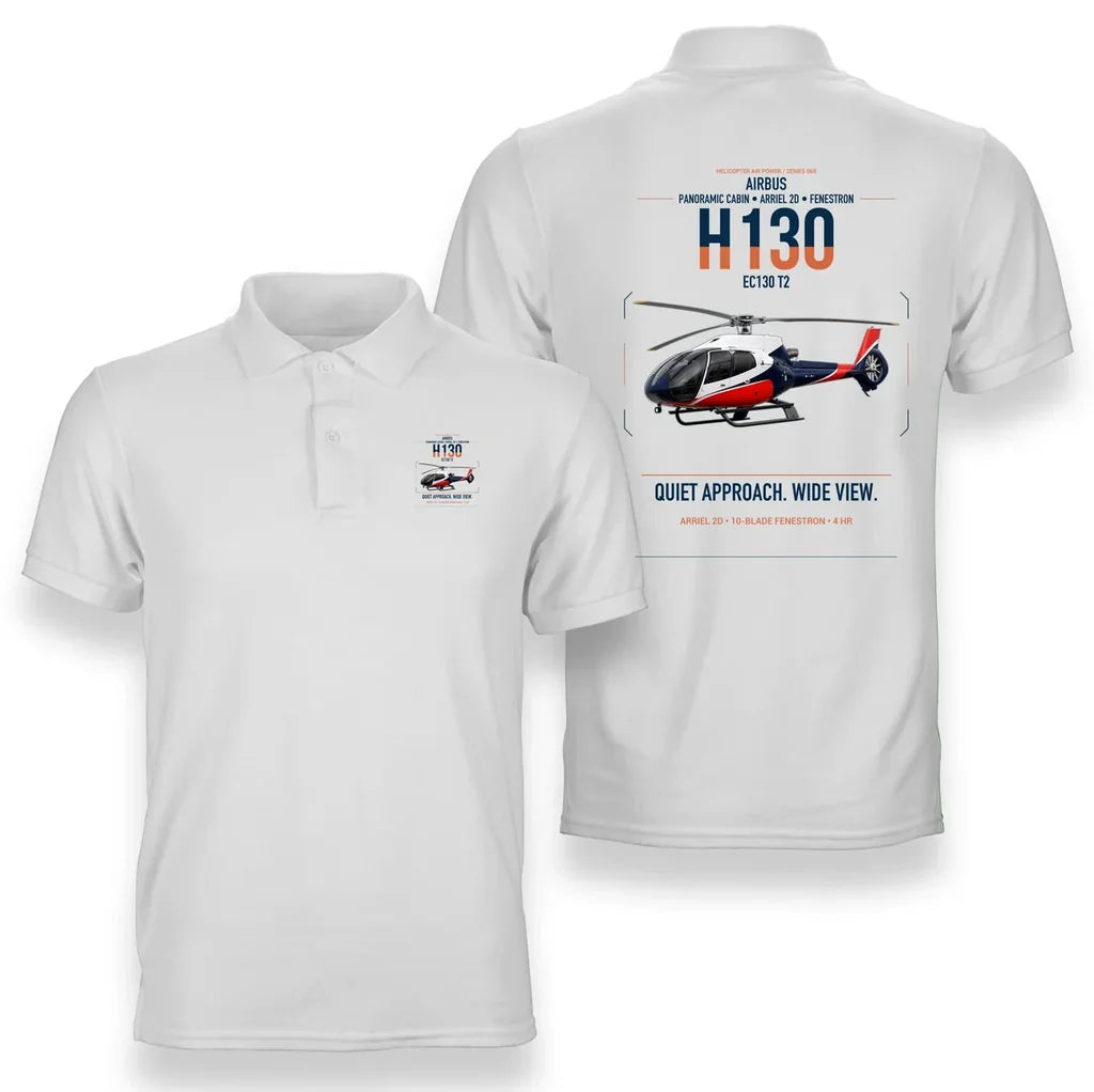 Airbus H130 design on white double-side polo t-shirt, double-side print