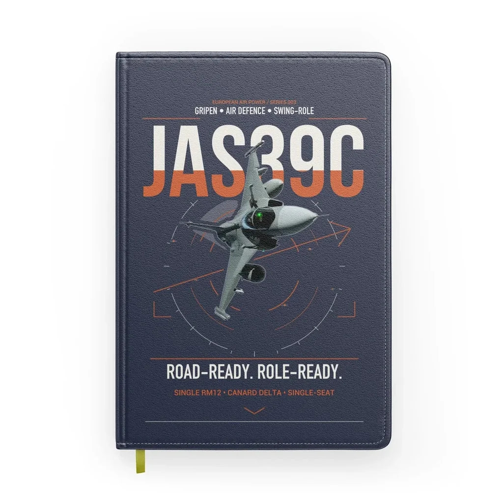 Saab JAS 39C Gripen design on navy blue notebook