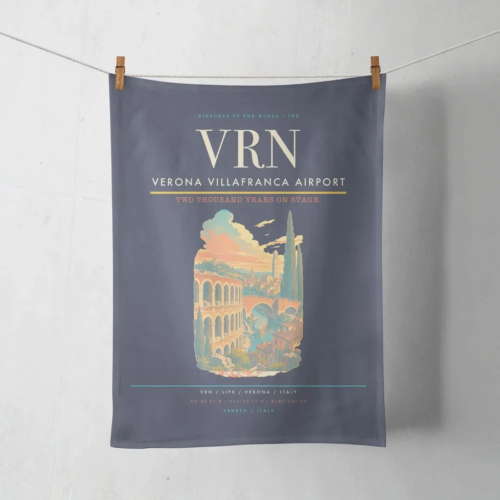 Verona Villafranca Airport (VRN) design on navy blue towel