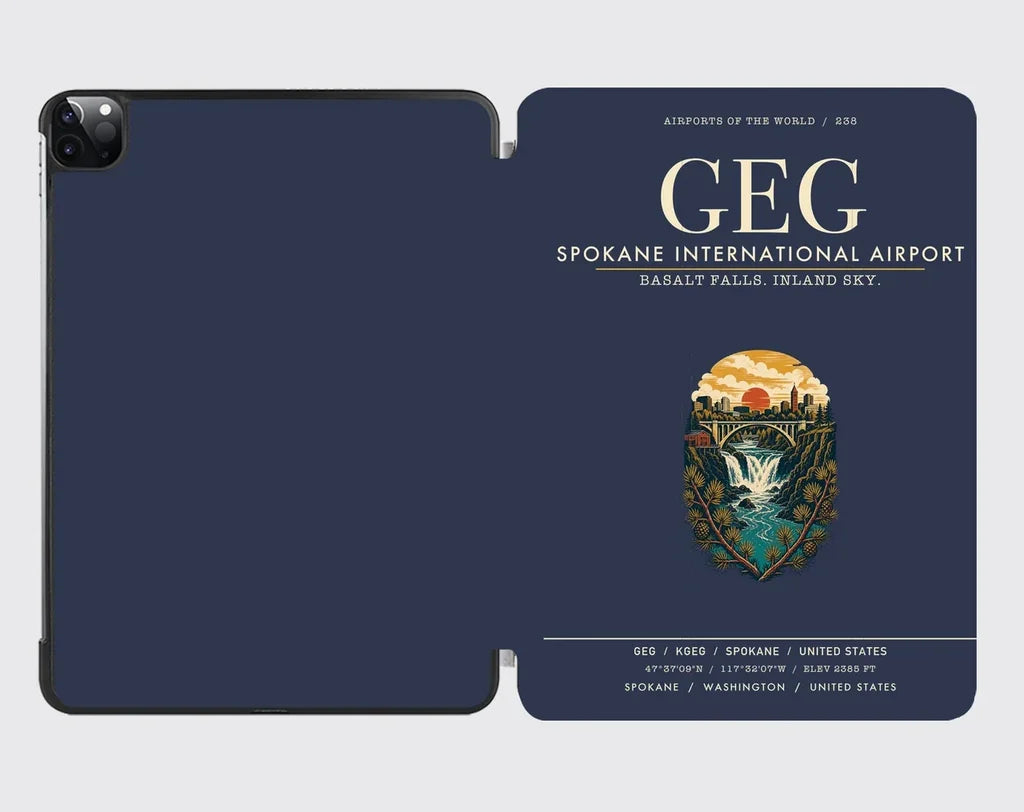 Spokane International Airport (GEG) design on navy blue ipad tablet case