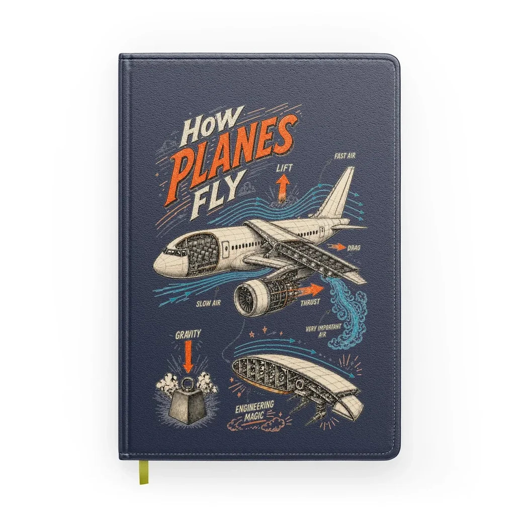 How Planes Fly V2 design on navy blue notebook
