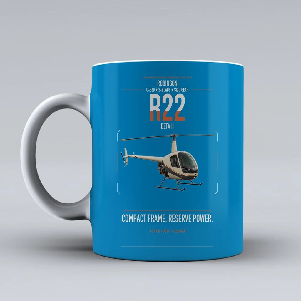 Robinson R22 Beta II design on turquoise ceramic mug, double-side print