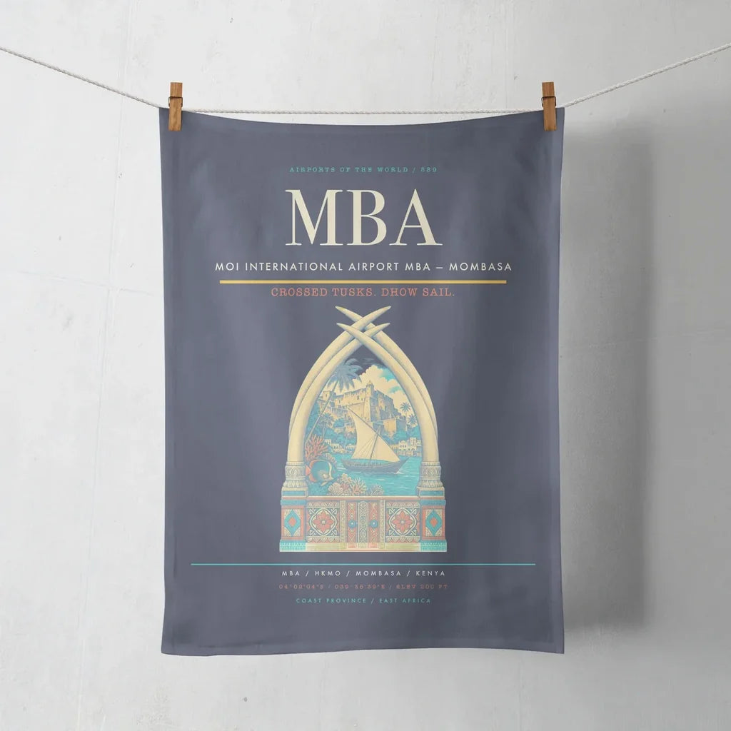 Moi International Airport (MBA) design on navy blue towel
