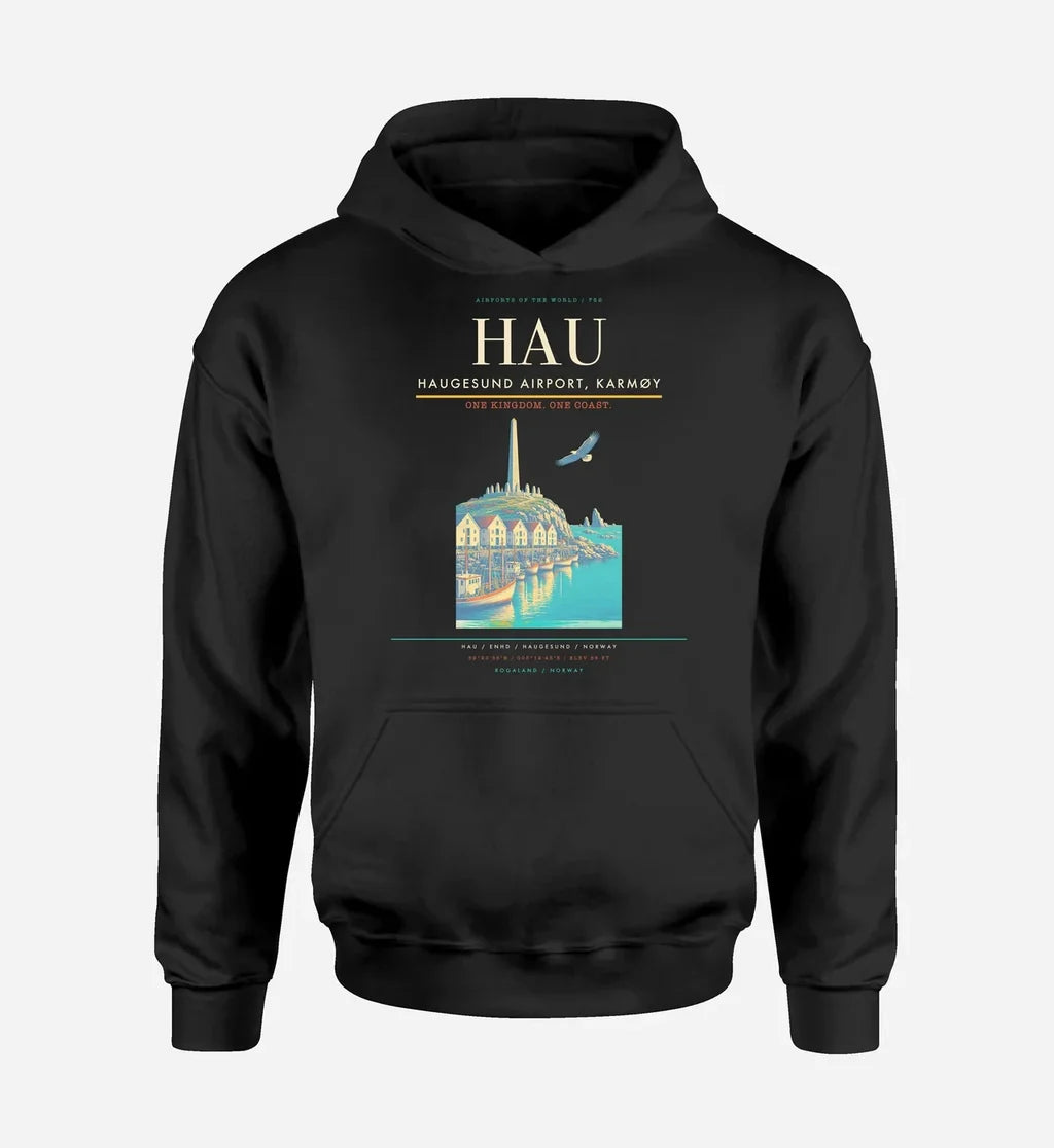 Haugesund Airport, Karmøy (HAU) design on black hoodie single-side print