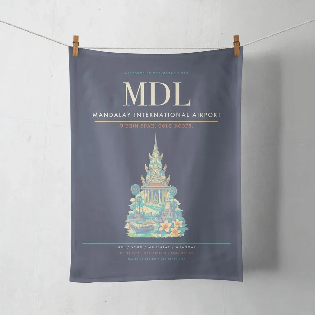 Mandalay International Airport (MDL) design on navy blue towel