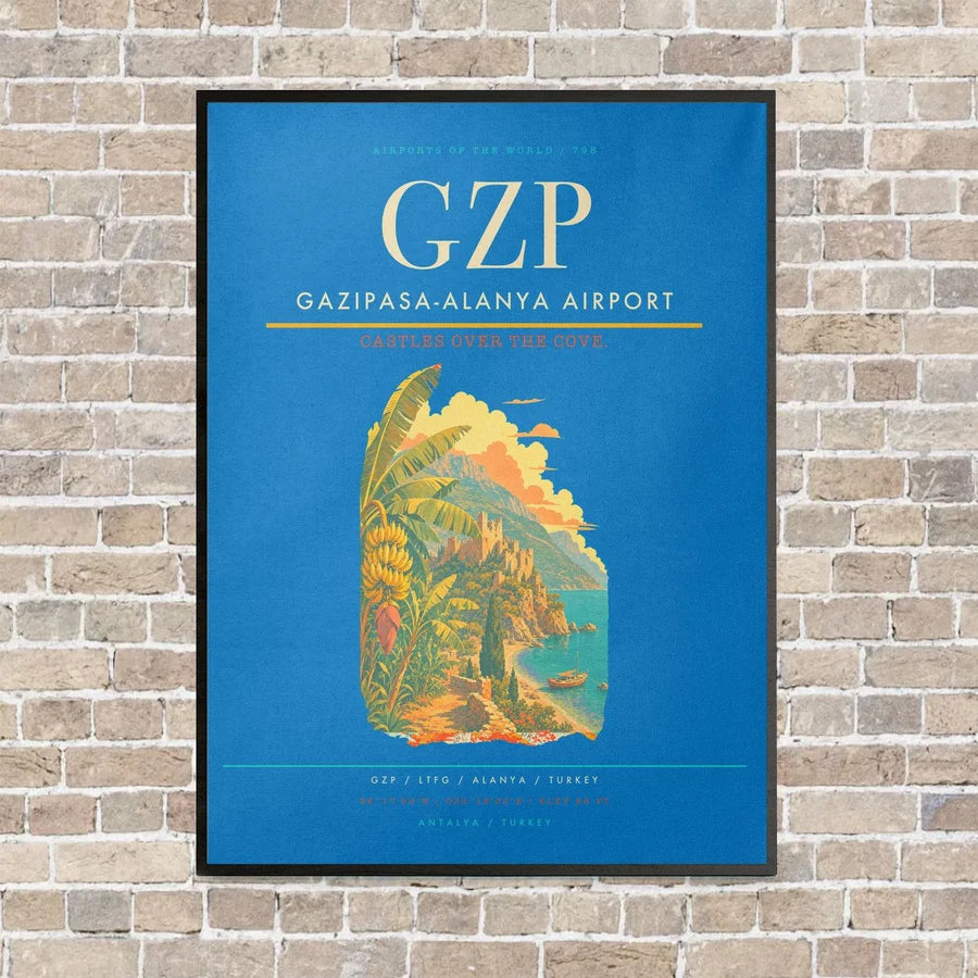 Gazipasa-Alanya Airport GZP vertical canvas print - framed - turquoise background