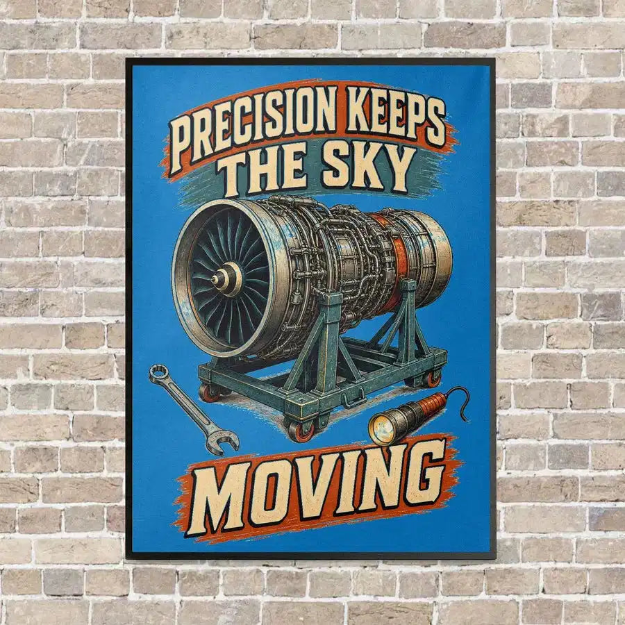 Precision Keeps The Sky Moving vertical canvas print - framed - turquoise background