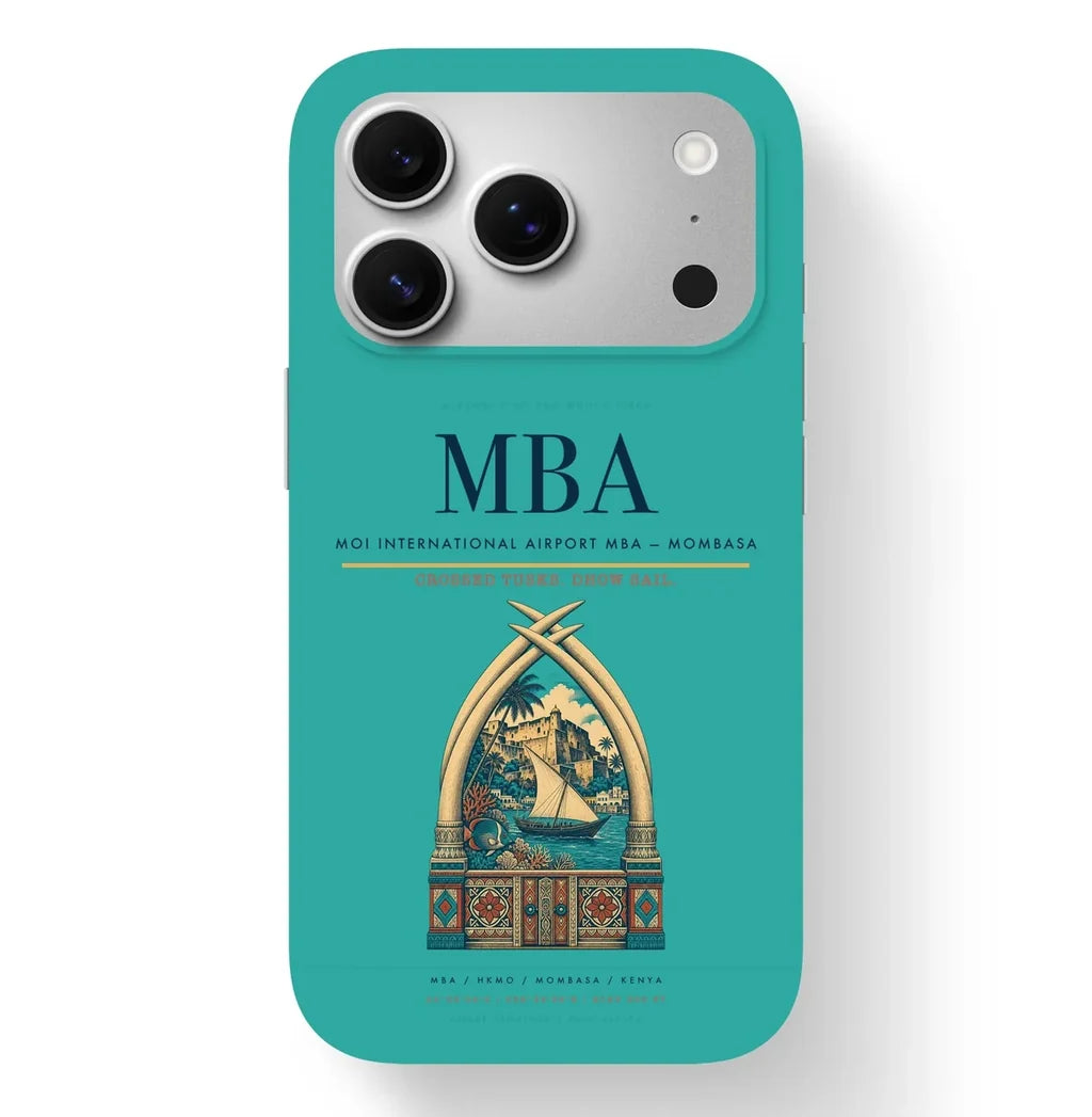 Mombasa Airport (MBA) design on turquoise iPhone 17 Pro MagSafe case