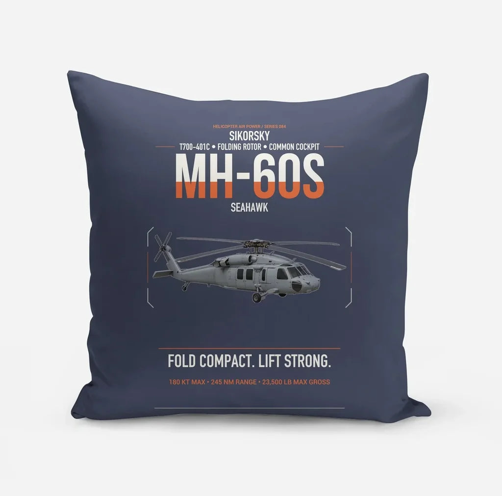 Sikorsky MH-60S Seahawk design on navy blue pillow
