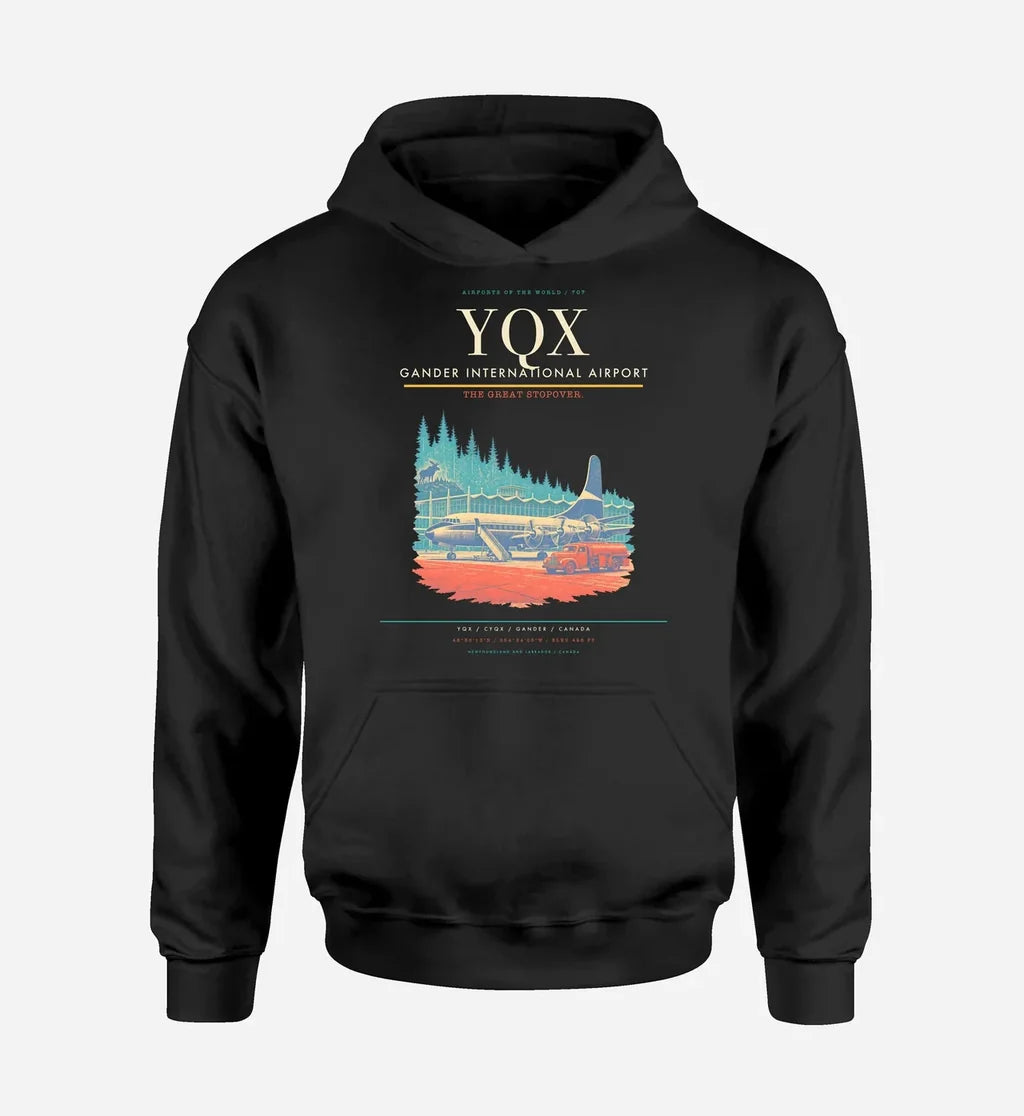 Gander International Airport (YQX) design on black hoodie single-side print