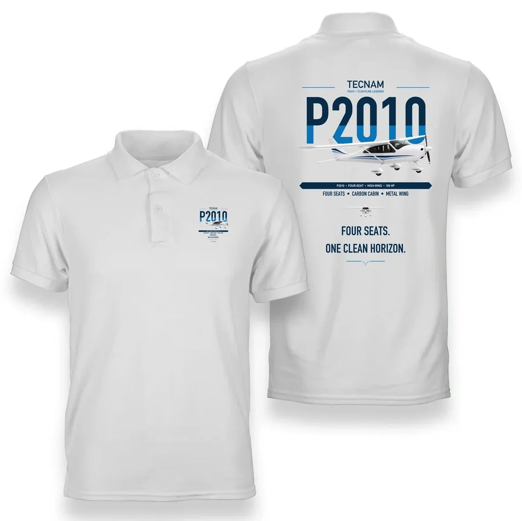 Tecnam P2010 design on white double-side polo t-shirt, double-side print
