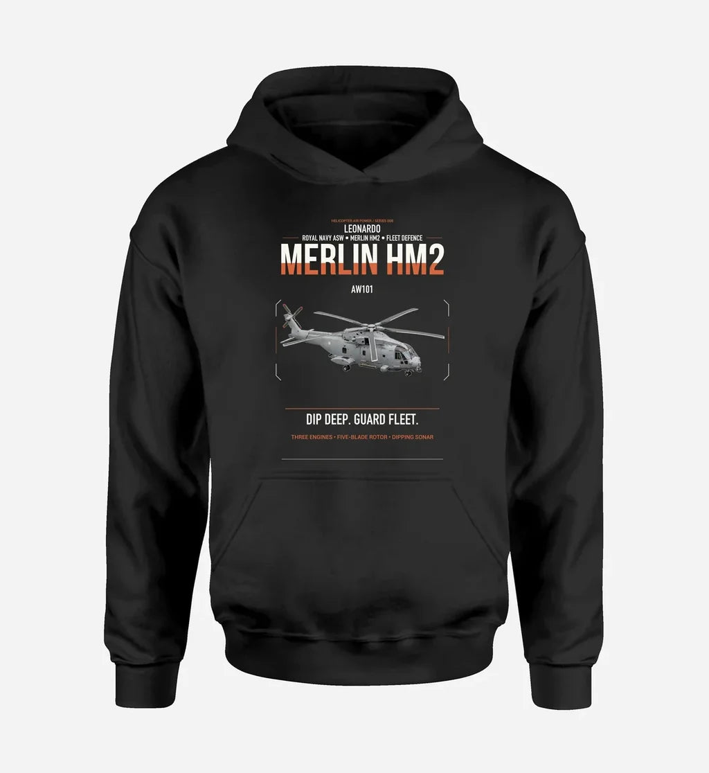 Leonardo AW101 Merlin HM2 design on black double-side hoodie, single-side print