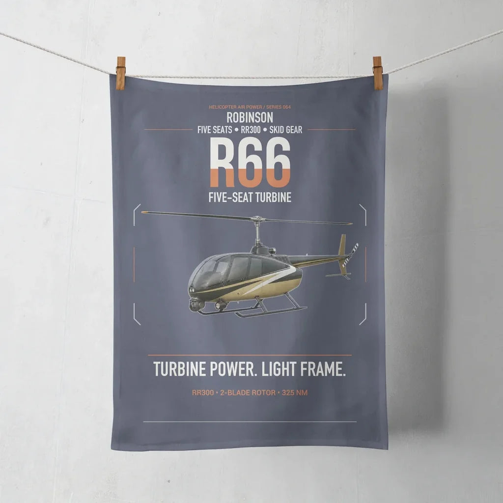 Robinson R66 design on navy blue towel
