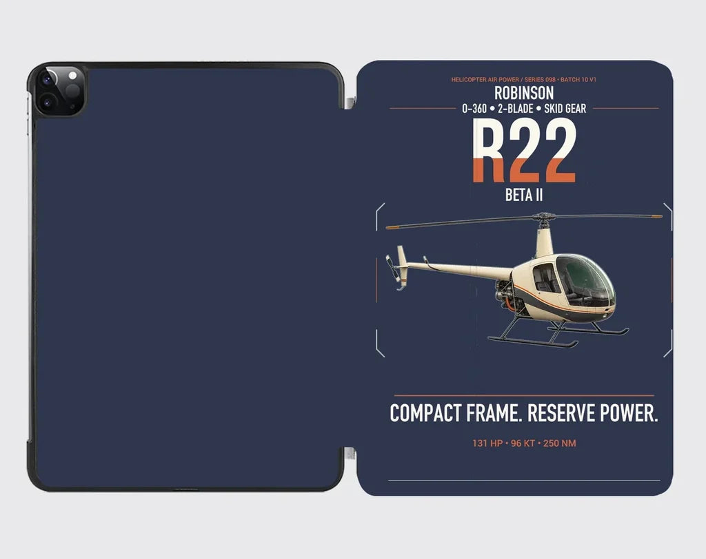 Robinson R22 Beta II design on navy blue ipad tablet case