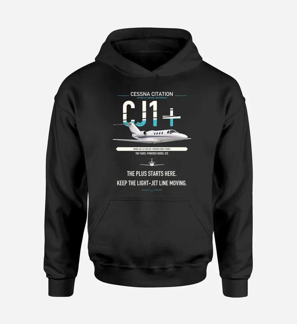 Cessna Citation CJ1+ design on black double-side hoodie, single-side print