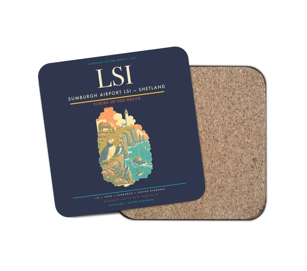 Sumburgh Airport (LSI) design on navy blue 1 piece coaster