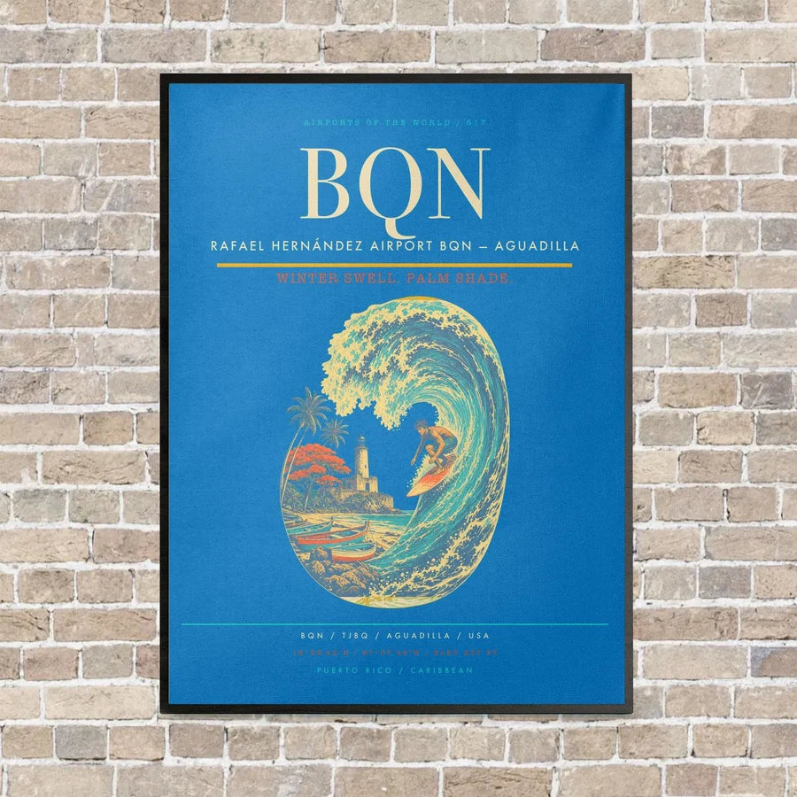 Rafael Hernández Airport BQN — Aguadilla vertical canvas print - framed - turquoise background
