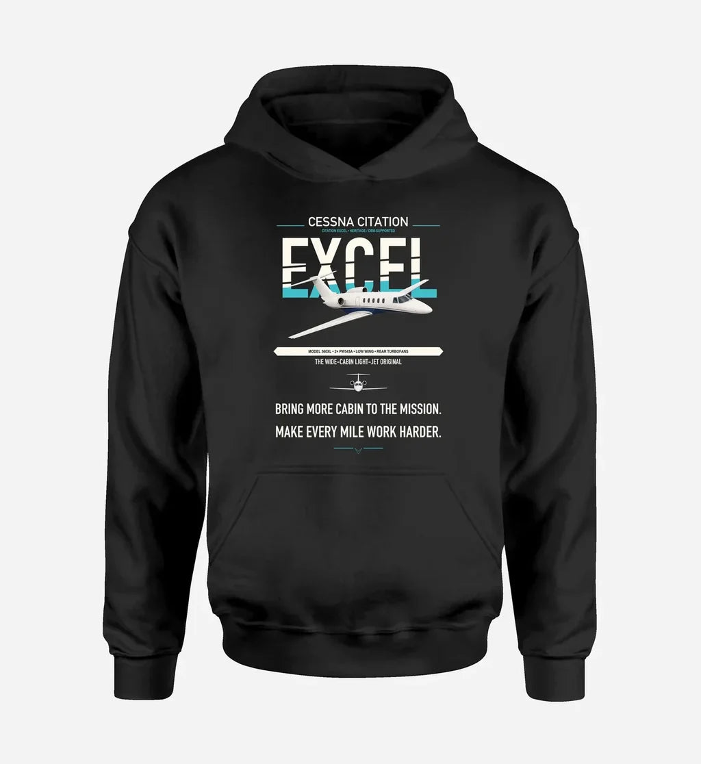 Cessna Citation Excel design on black double-side hoodie, single-side print