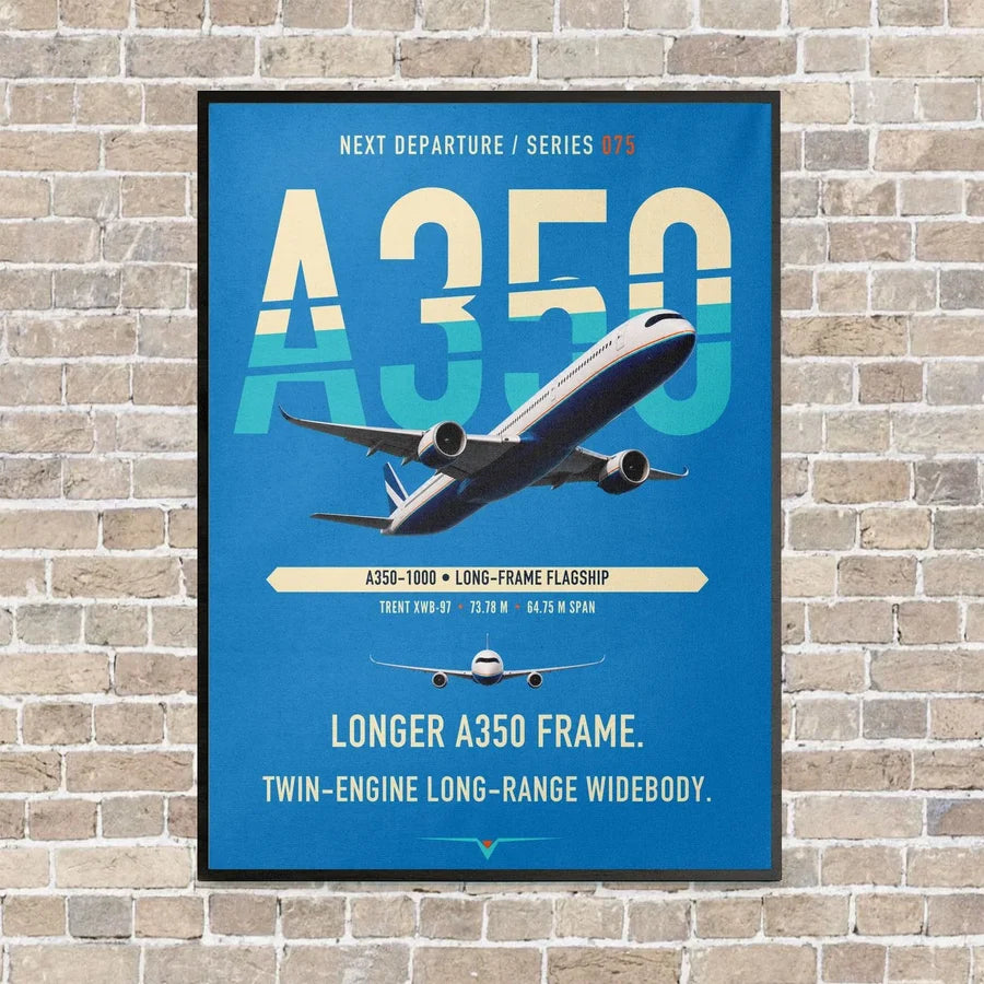 Airbus A350-1000 vertical canvas print - framed - turquoise background