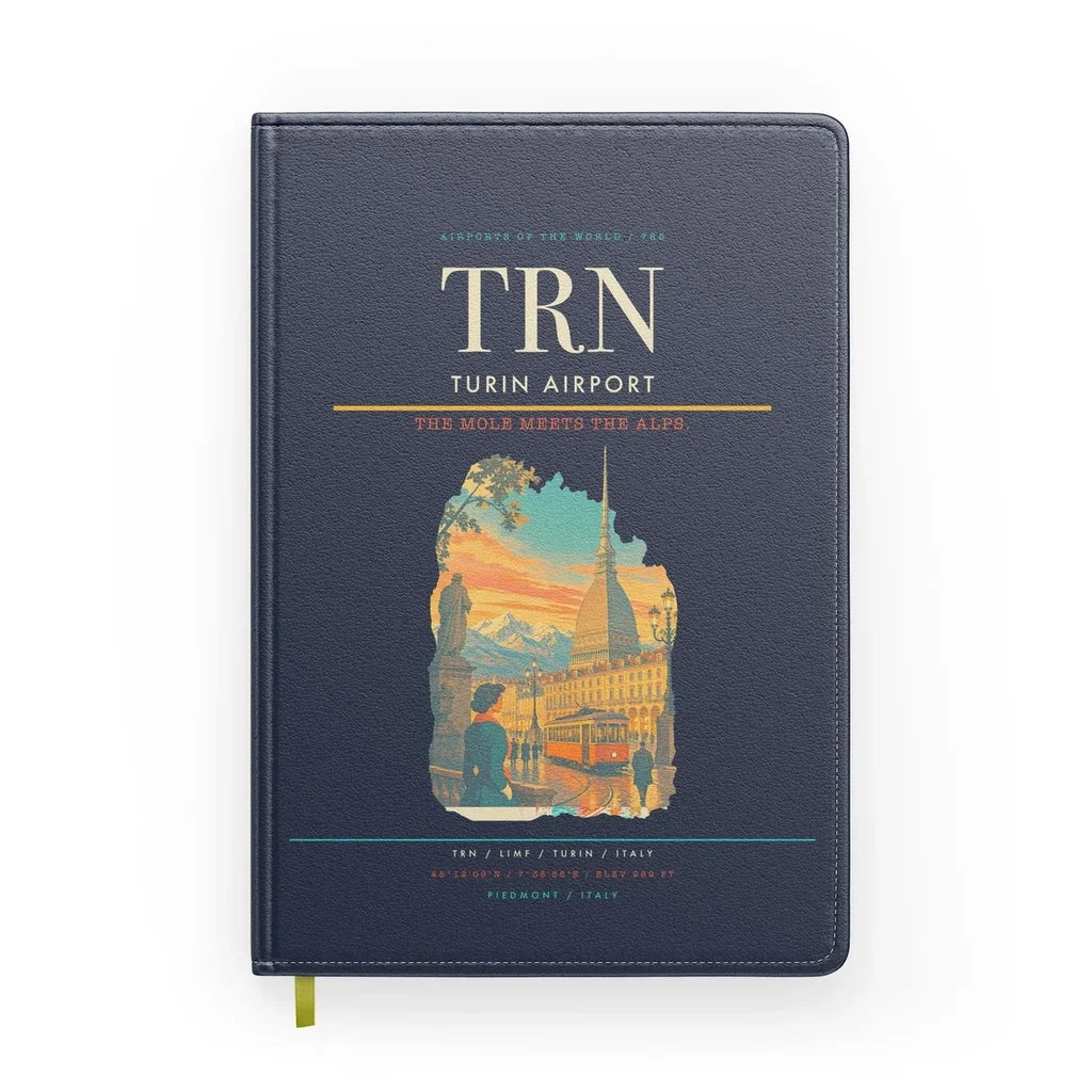 Turin Airport (TRN) design on navy blue notebook