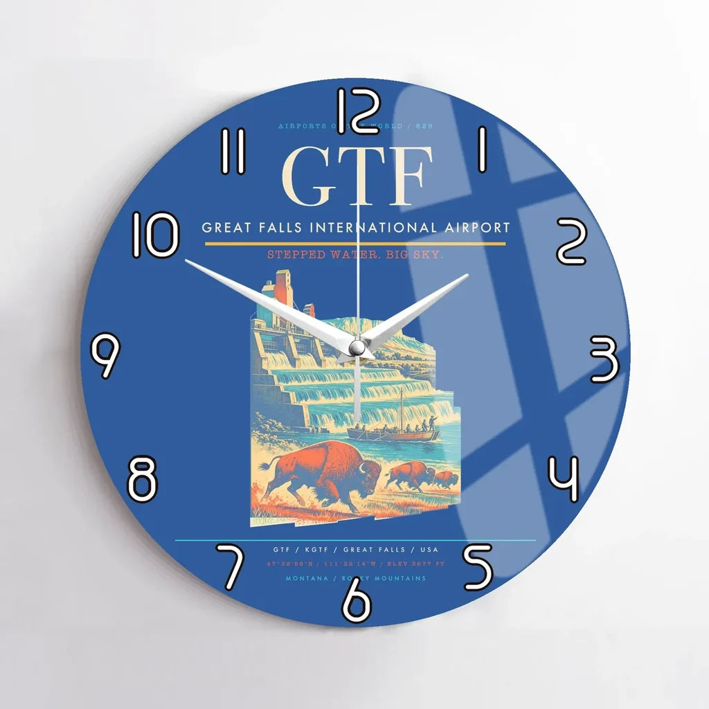 Great Falls International Airport (GTF) design on blue no frame wall clock
